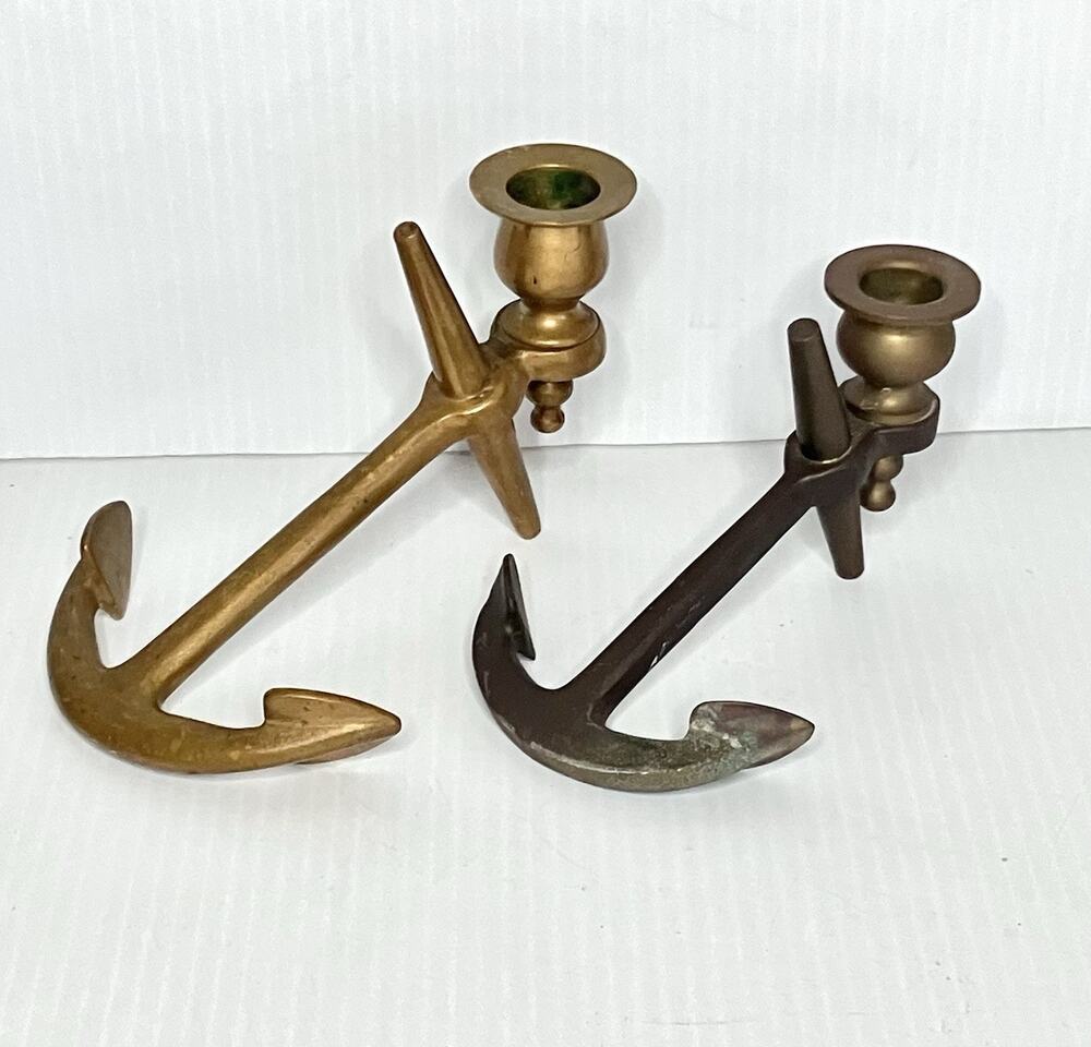 Solid Brass Anchor Candle Stick Holders Nauctical Decor 8” & 6” Vintage Set of 2